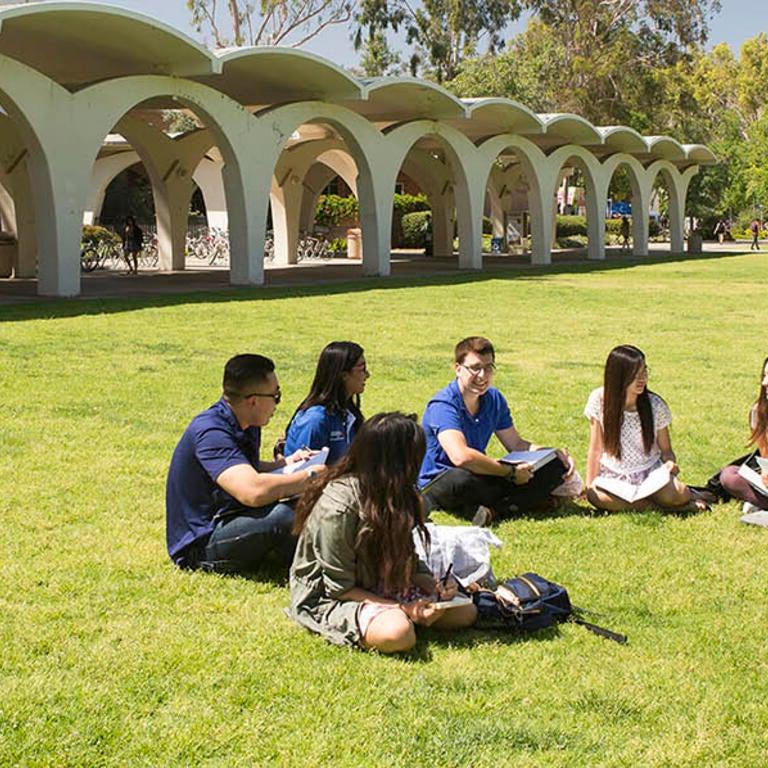 students on lawn outside rivera library arches